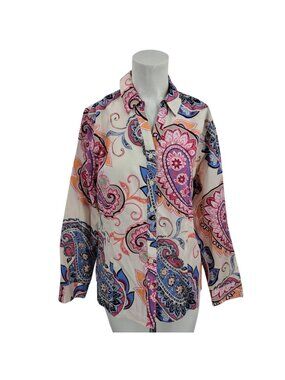 Chicos No Iron Paisley Long Sleeve Button Up Shirt Size 1  8/10 Cotton New NWT